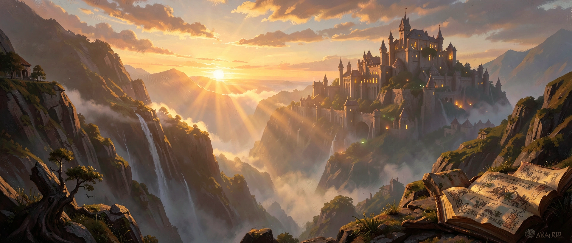 Painterly fantasy vista of the kingdom of Aros at golden hour